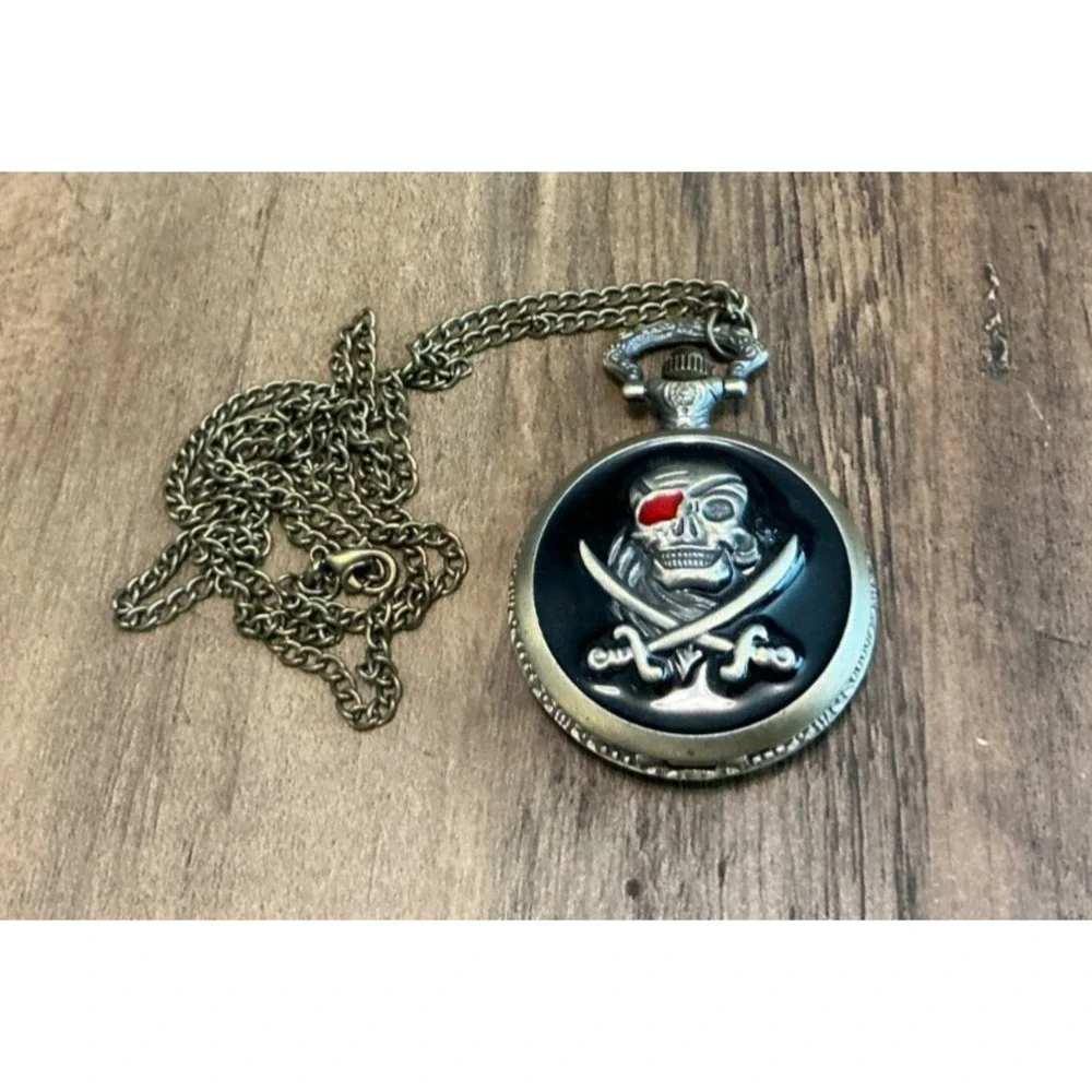 Pocket Watch Skull and Cross Swords Pirate Antiqued goldtone Enamel with Chain